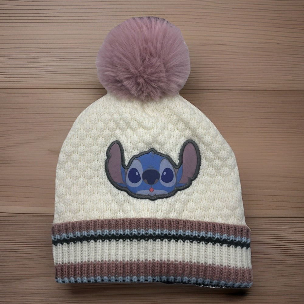 Disney Stitch Winter Knit Beanie Hat with Pom Pom Cream One Size Fits Most Cold